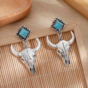 Silver Bull Skull Earrings with Turquoise Highlights